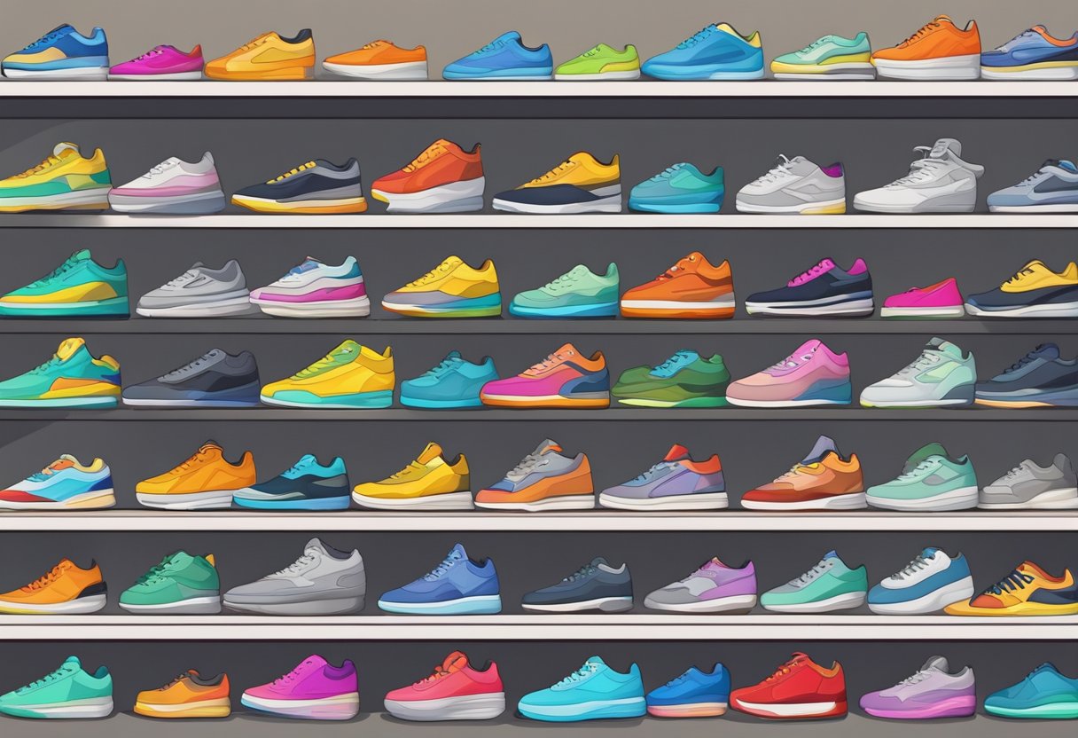 A colorful array of sneakers neatly lined up on a sleek display shelf, with a backdrop of trendy fashion magazines and stylish accessories