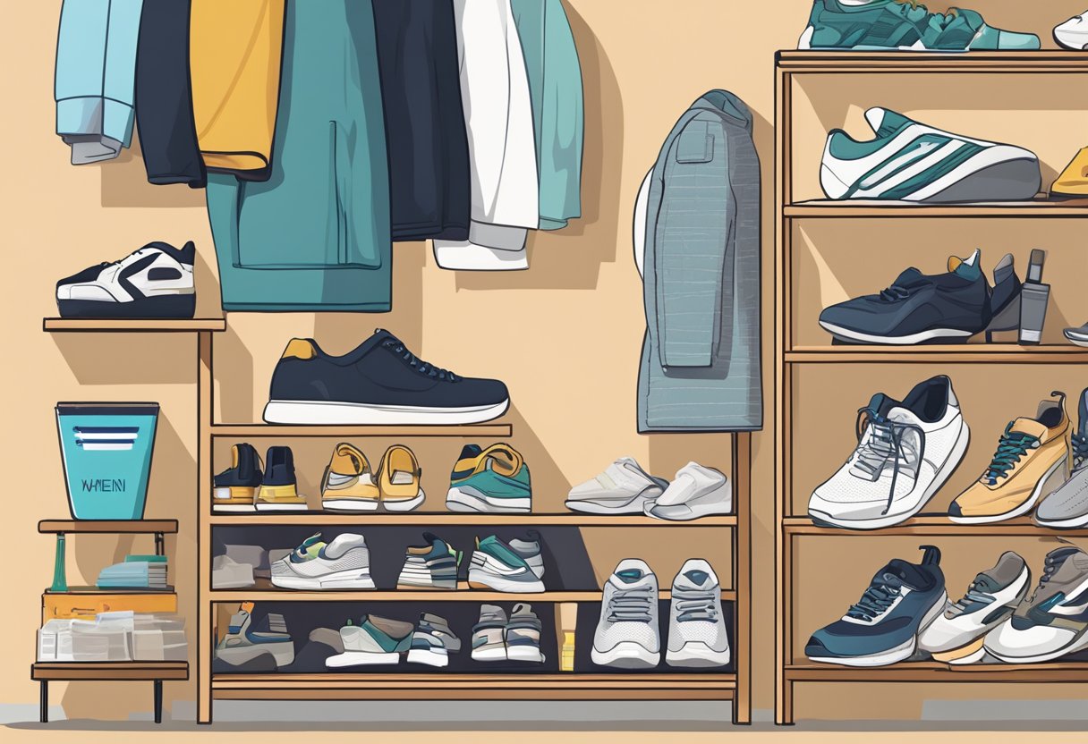 A neatly organized shoe rack displays a variety of sneakers. A cleaning kit and shoe brush sit nearby, while a fashion magazine titled "When to Wear Sneakers: A Fashion Guide" is open on the table