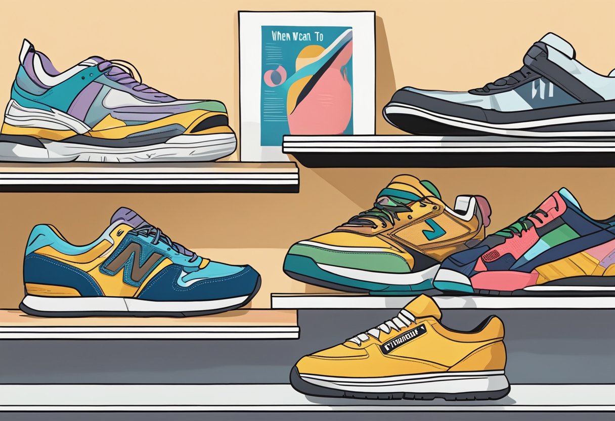 A colorful array of sneakers arranged on a shelf, with a fashion magazine open to an article titled "When to Wear Sneakers: A Fashion Guide" displayed nearby