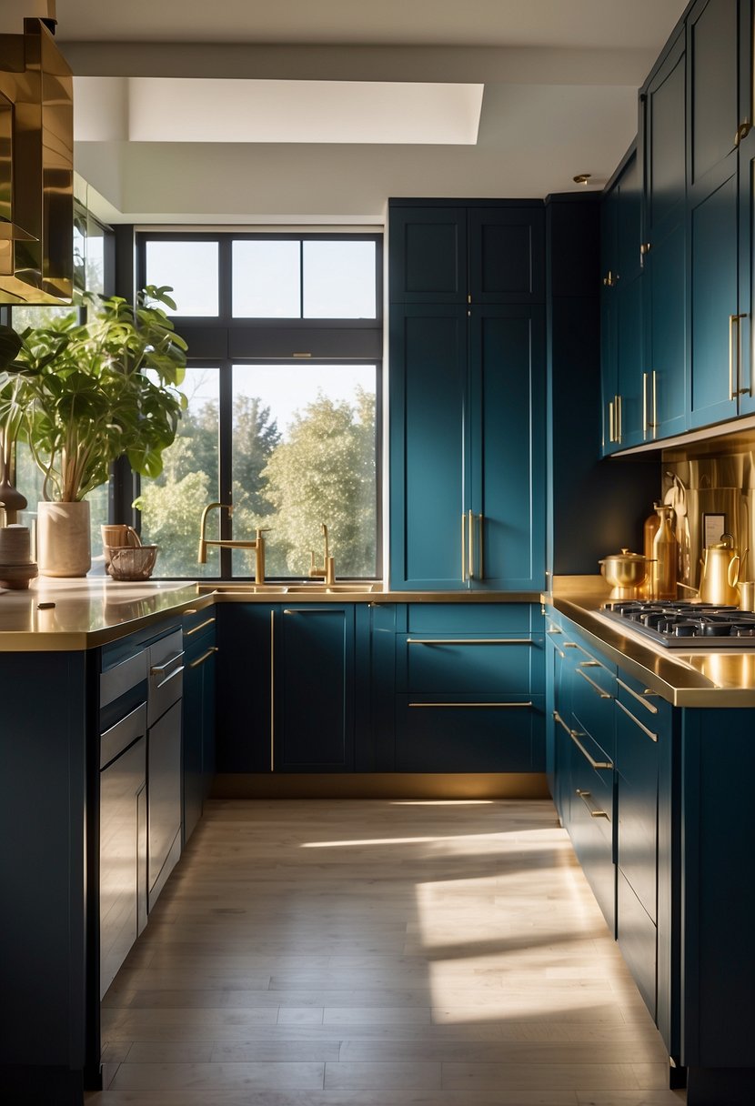 A spacious kitchen with peacock blue cabinets and gold accents. The sunlight streams in through the large windows, casting a warm glow over the sleek countertops and modern appliances
