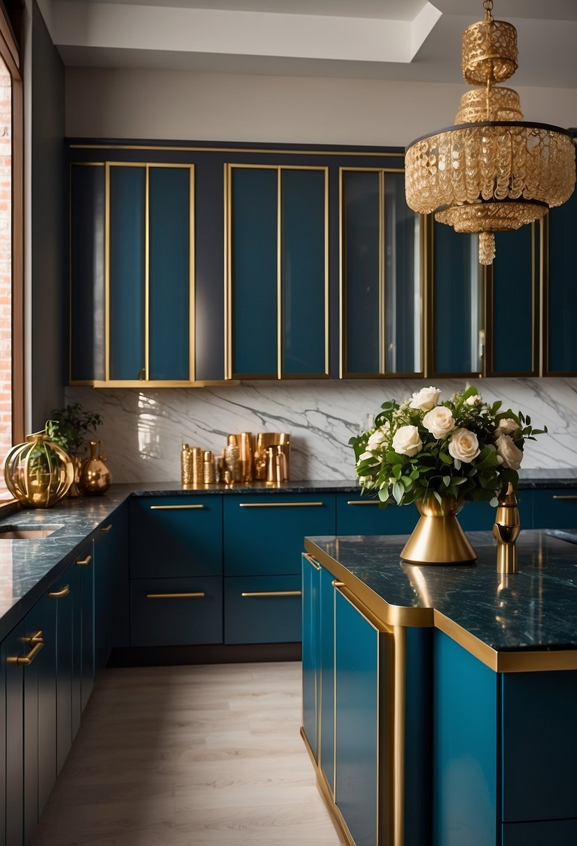 A luxurious kitchen with peacock blue cabinets and gold accents. The sunlight streams in, casting a warm glow on the sleek countertops and elegant fixtures