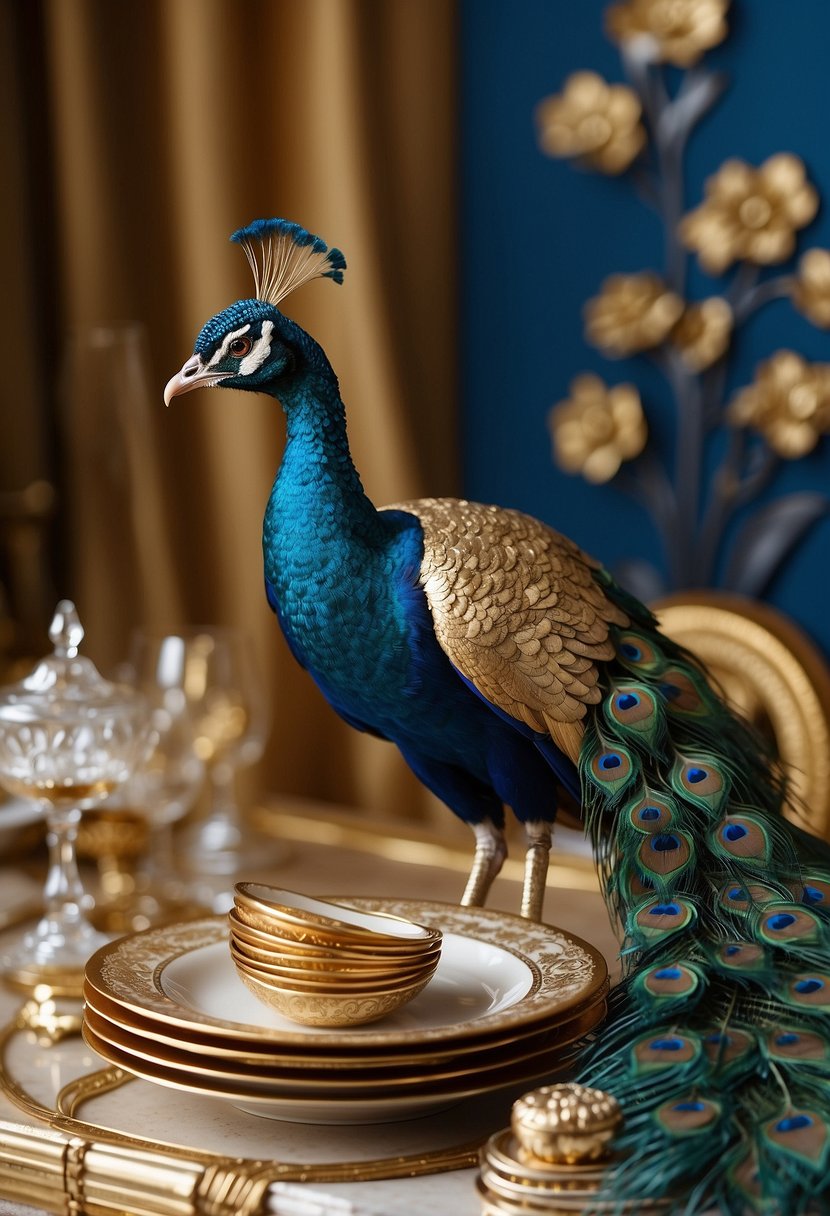 Peacock blue and gold kitchen with ornate curtains, gold-trimmed dishes, peacock feather wall art, and blue and gold floral centerpieces