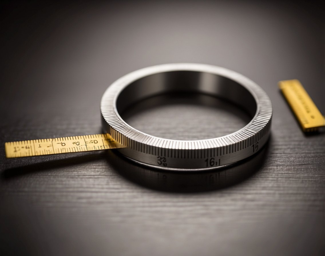 A metal ring sizer tool on a flat surface with a ruler next to it for measuring