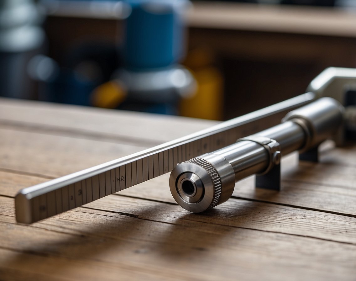 A table with a ring mandrel, ring sizer tool, and ruler for measuring ring sizes