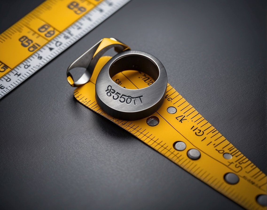 A ring sizer tool on a flat surface with a ruler and measurement markings