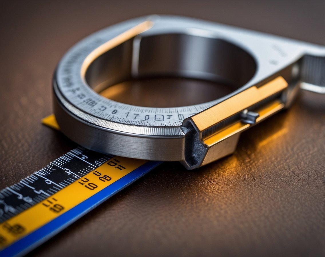 A ring sizer tool placed on a flat surface with a ruler next to it for measuring ring sizes for men