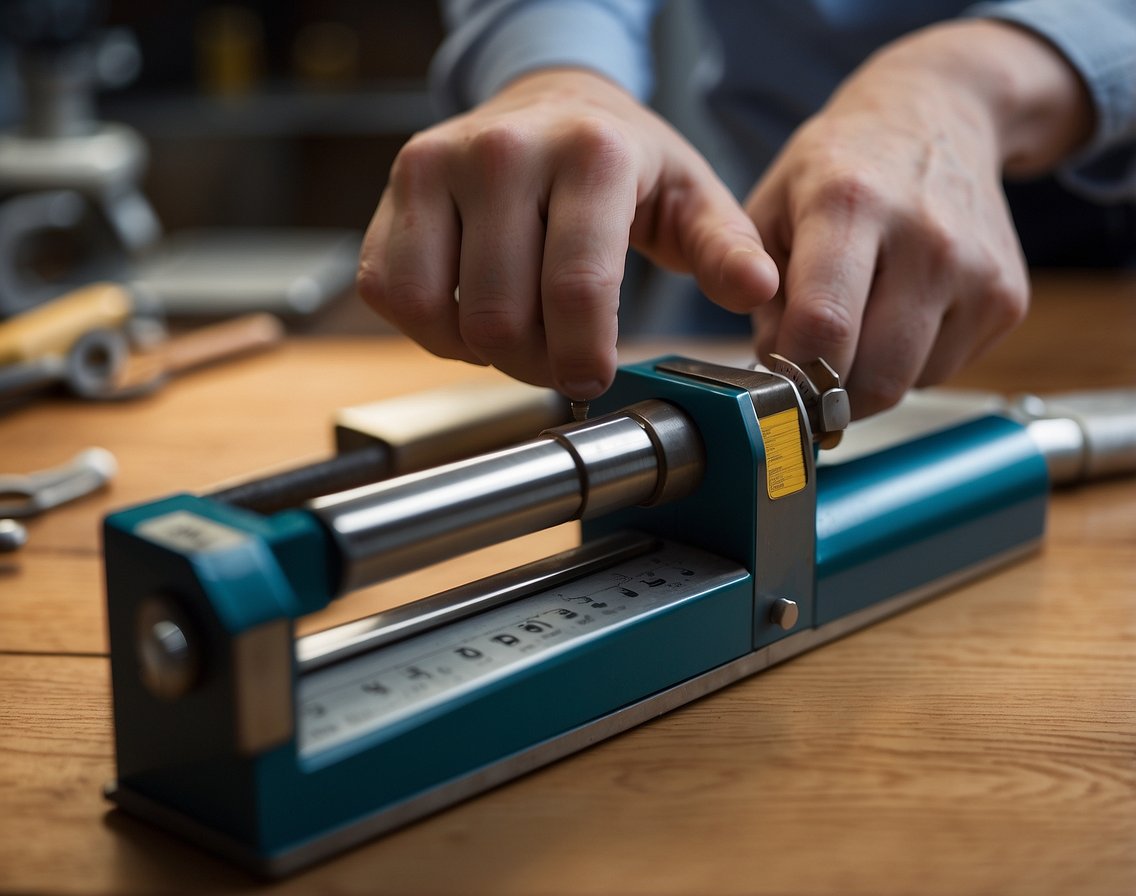 A jeweler measures a ring sizer on a mandrel, noting the size. Tools and measuring tape are laid out on a clean, organized workbench