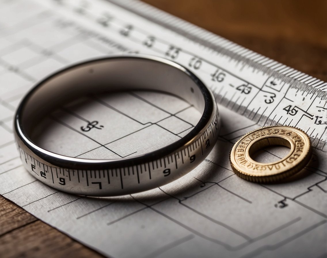 A ruler measuring a ring against a sizing chart with various measurements for men's ring sizes