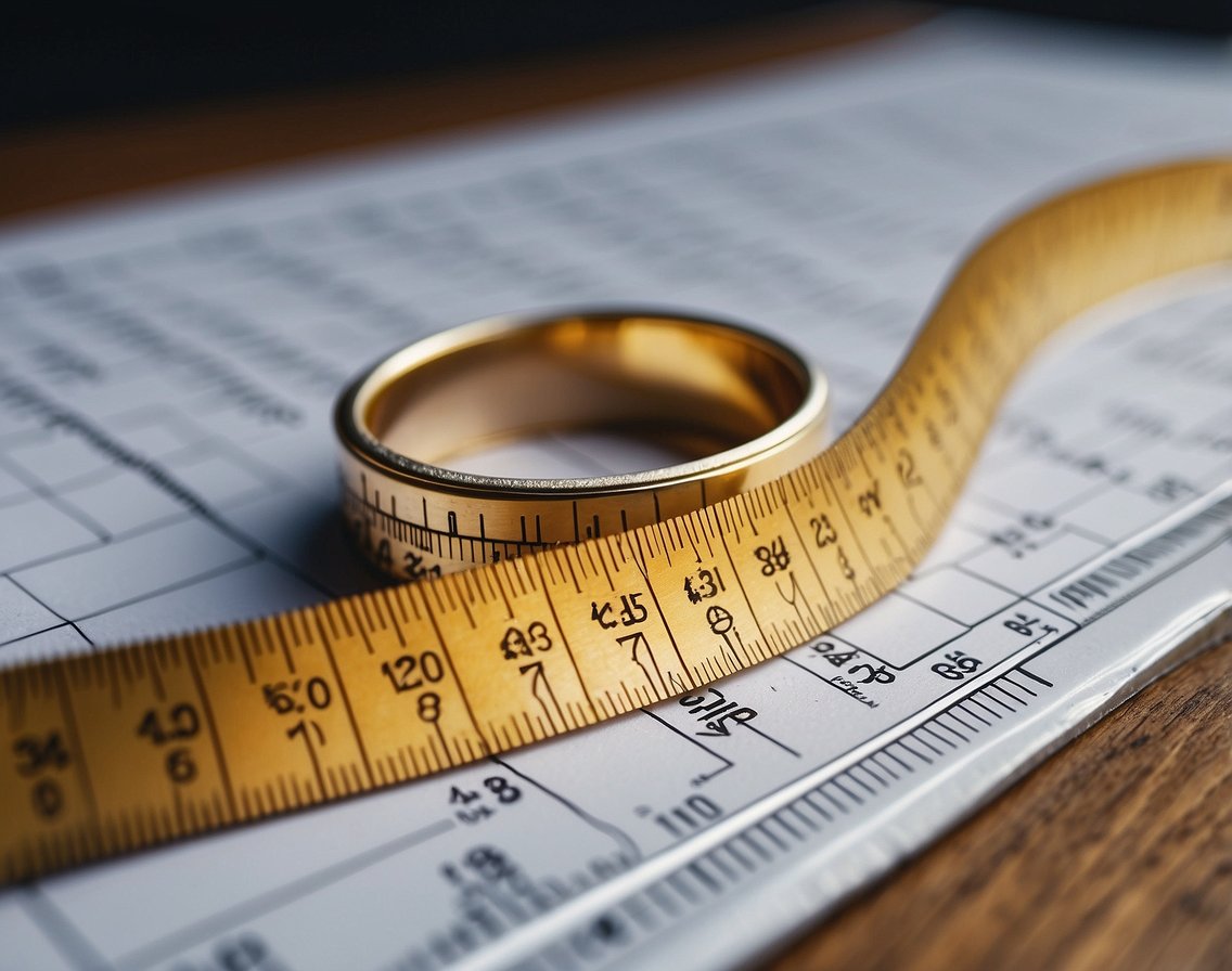 A ruler measuring a ring with size conversion charts in the background