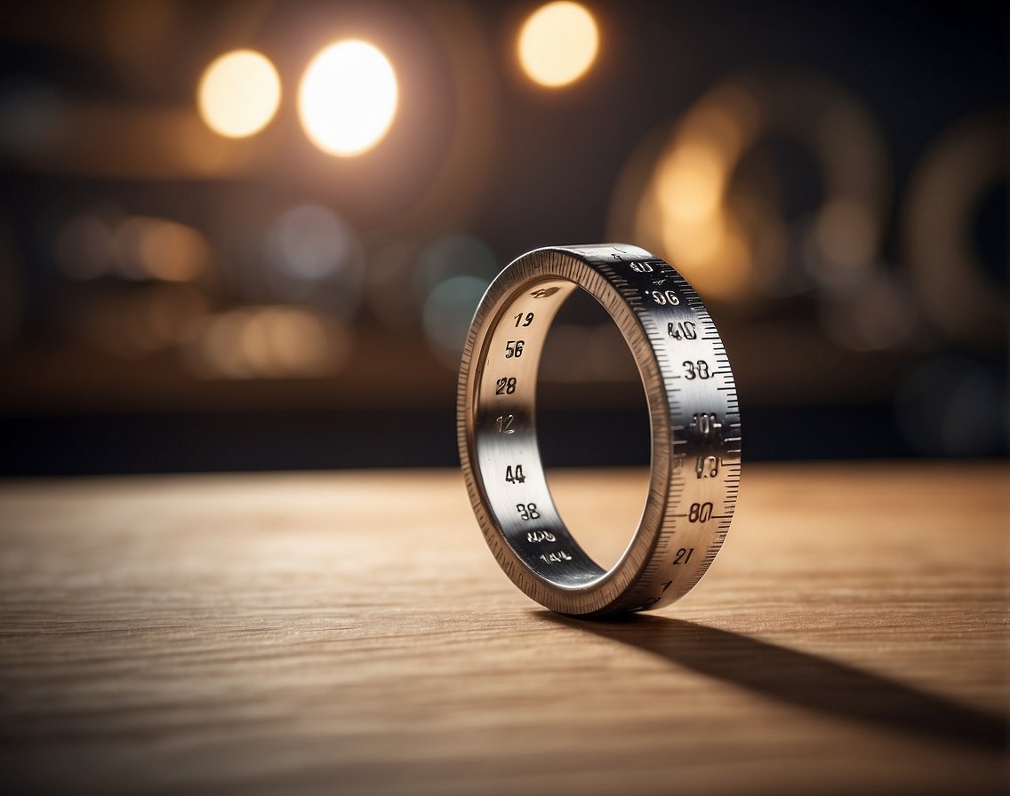 A hand holding a ruler measuring the diameter of a ring. A surprised expression on a face in the background