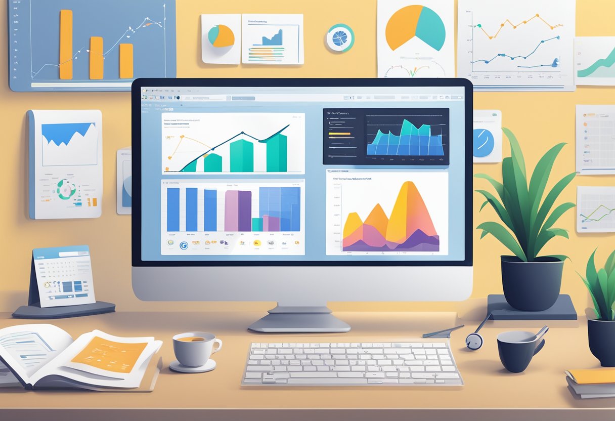A clutter-free desk with a computer screen displaying "7 Best CRM Software For forex in 2024" surrounded by charts and graphs