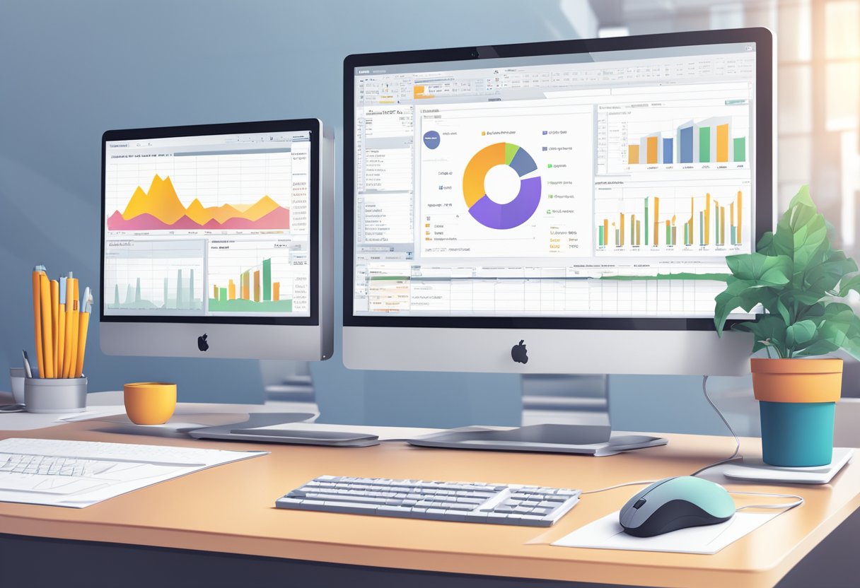A computer screen displaying a CRM software interface with forex trading tools and charts. A desk with a keyboard and mouse. Bright, modern office setting