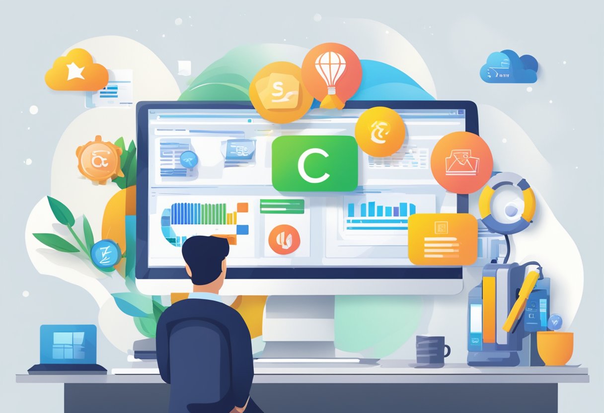 The scene features 7 CRM software logos arranged in a top 7 list, with the words "Best CRM Software for Forex in 2024" displayed prominently