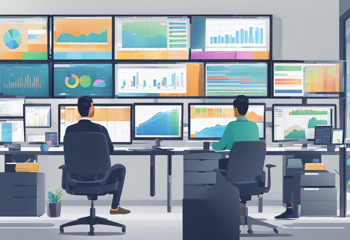 A bustling office with multiple computer screens displaying Forex CRM software interfaces. Charts, graphs, and data fill the screens, while employees work diligently at their desks