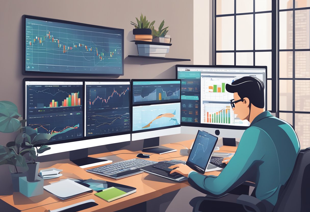 A cluttered desk with multiple computer screens, charts, and graphs. A person analyzing data and interacting with CRM software for forex trading