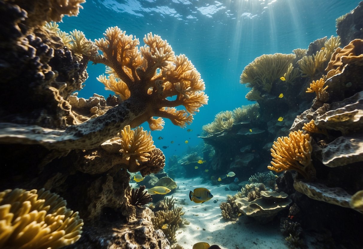 Colorful coral reefs teeming with marine life in crystal clear waters of the Bahamas. Sunlight filters through the water, creating a mesmerizing underwater landscape