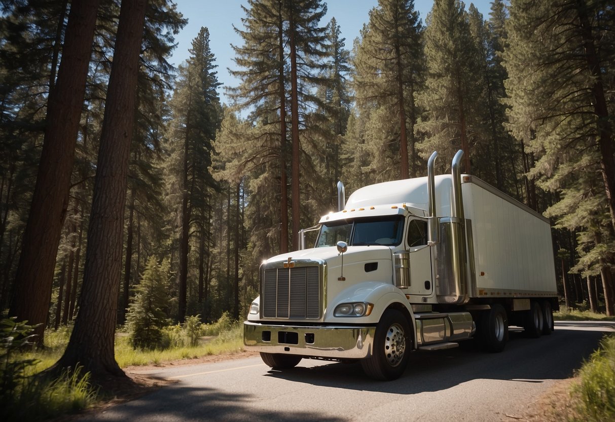 A truck parked in a serene rest area, surrounded by towering trees and a clear blue sky. A phone or tablet plays a truck driver podcast, with headphones plugged in