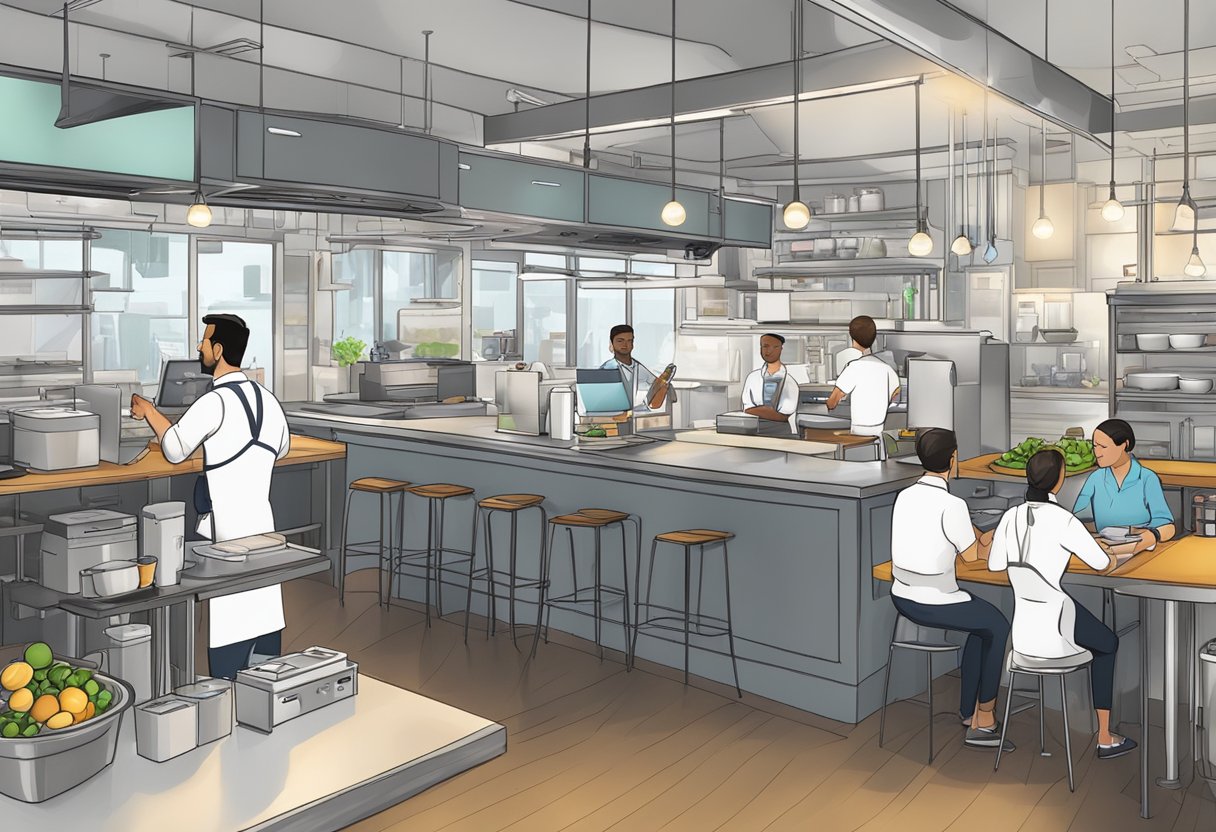 A bustling restaurant with waitstaff using tablets, a busy kitchen, and a manager overseeing customer interactions and data entry