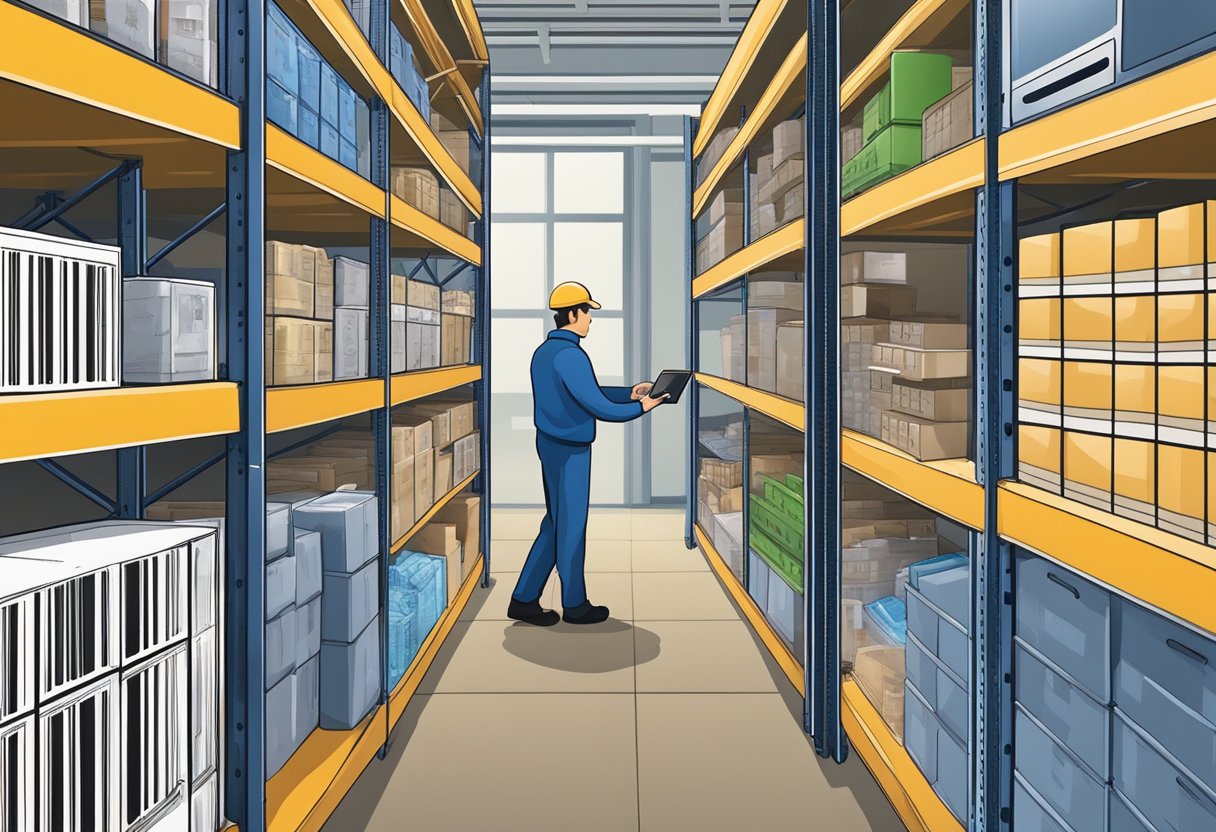 Various items labeled with barcodes are organized on shelves in a warehouse, while a worker uses a handheld scanner to track and manage their locations
