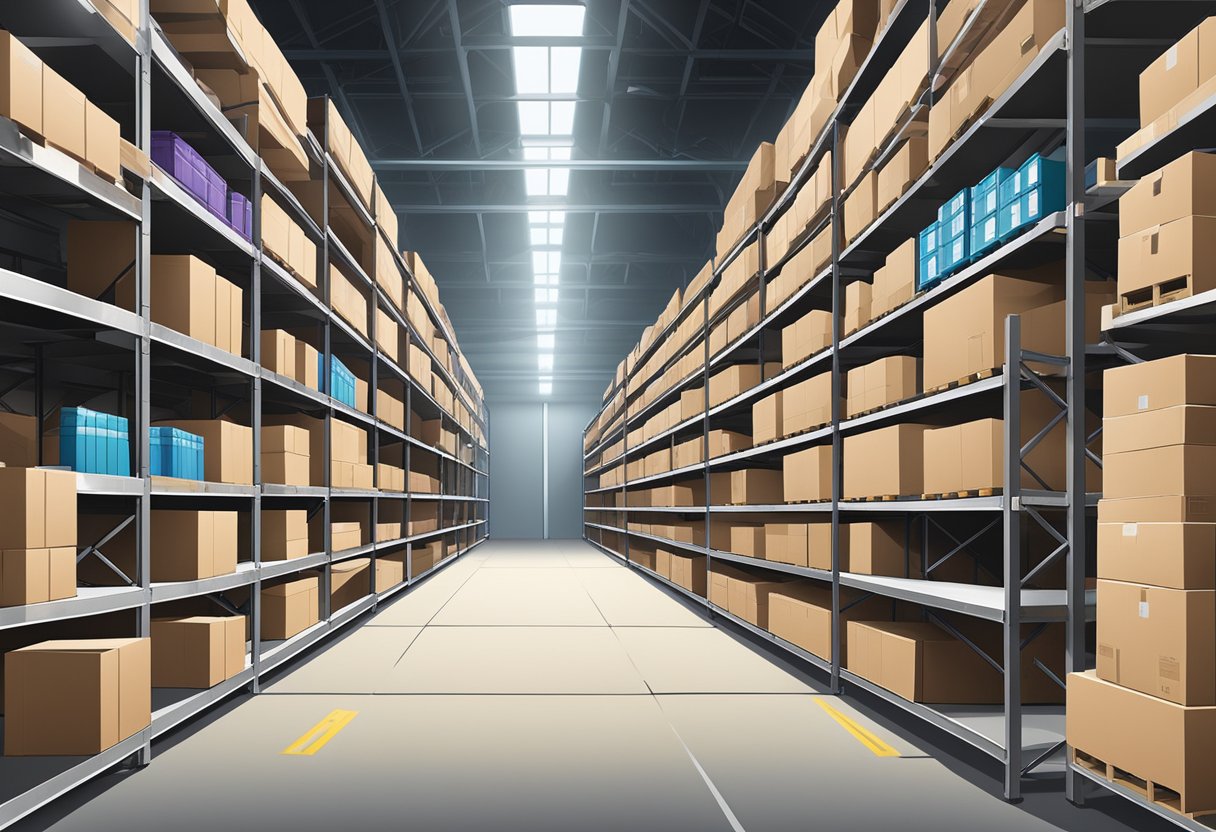A warehouse with labeled shelves and barcode scanners for tracking assets