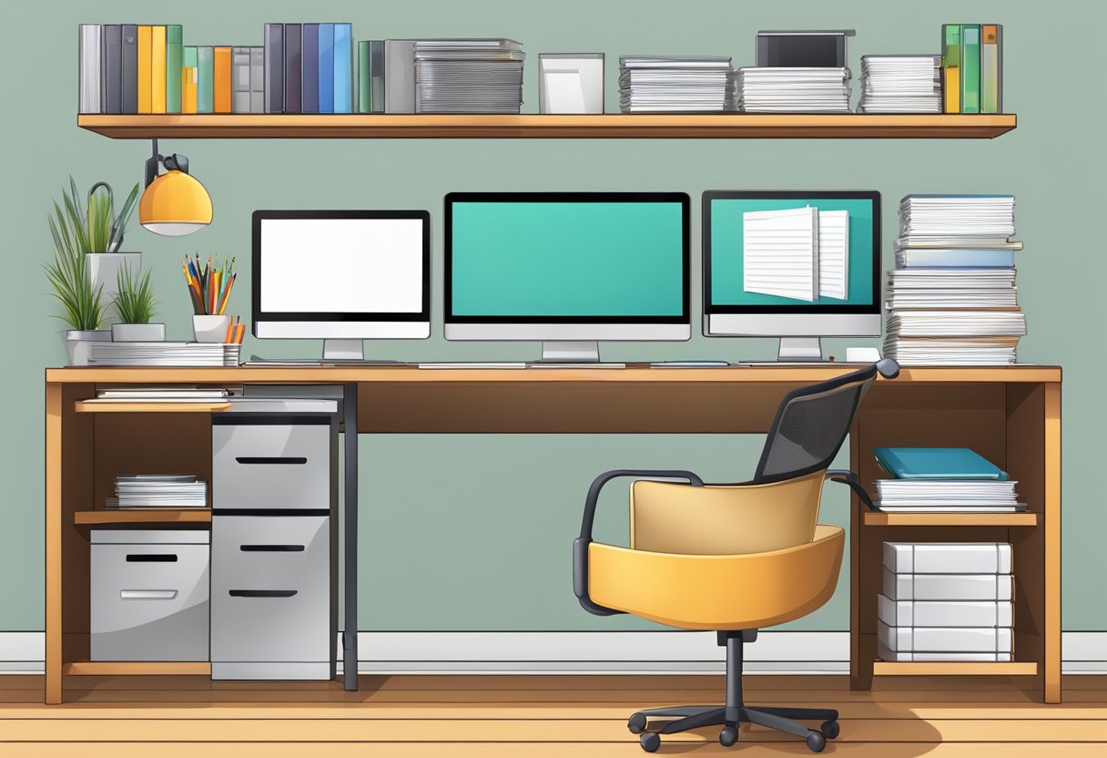 A modern office desk with a computer, tablet, and smartphone, surrounded by shelves of organized files and folders
