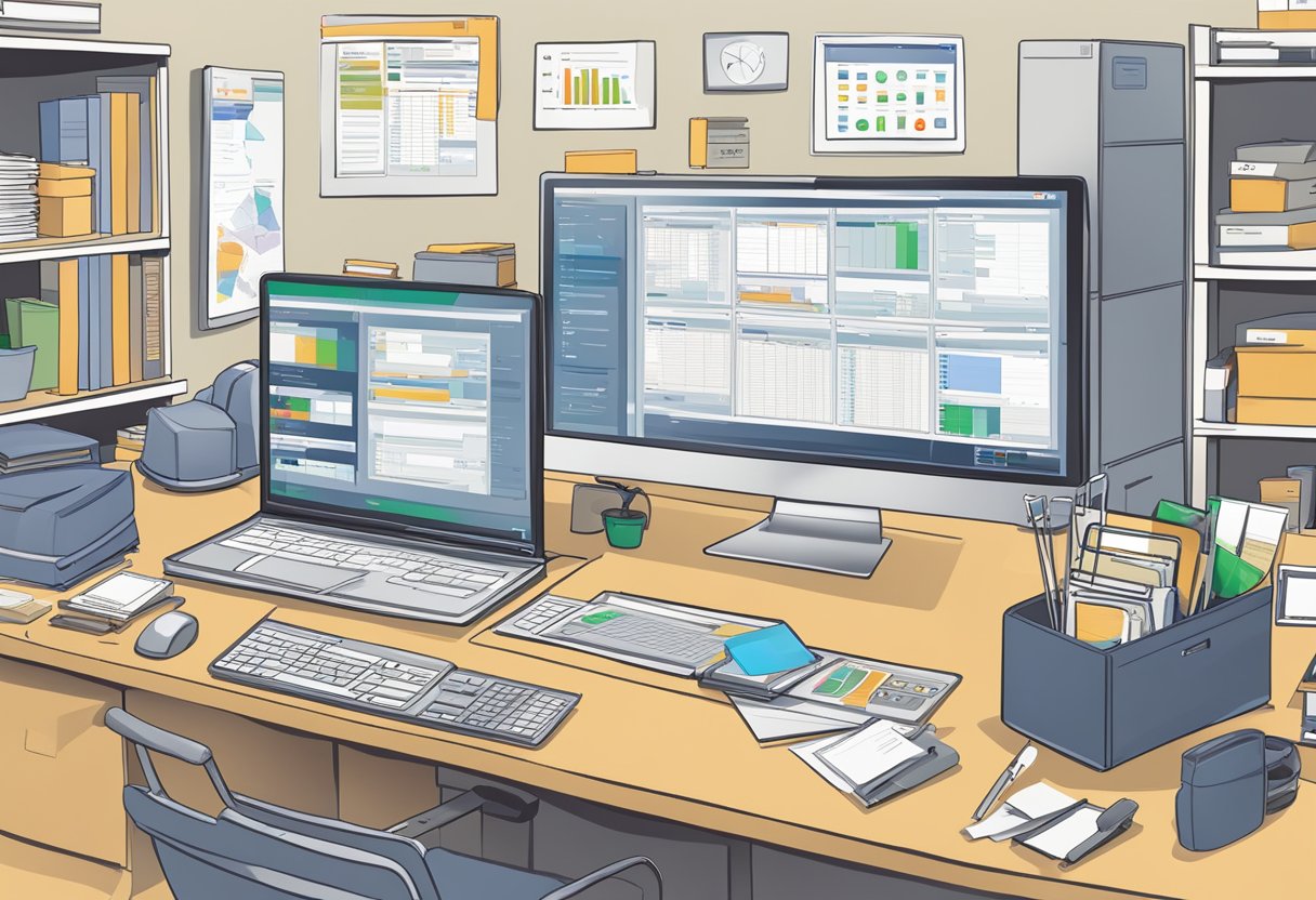 A computer screen displaying various examples of free asset tracking software, surrounded by office equipment and labeled inventory items
