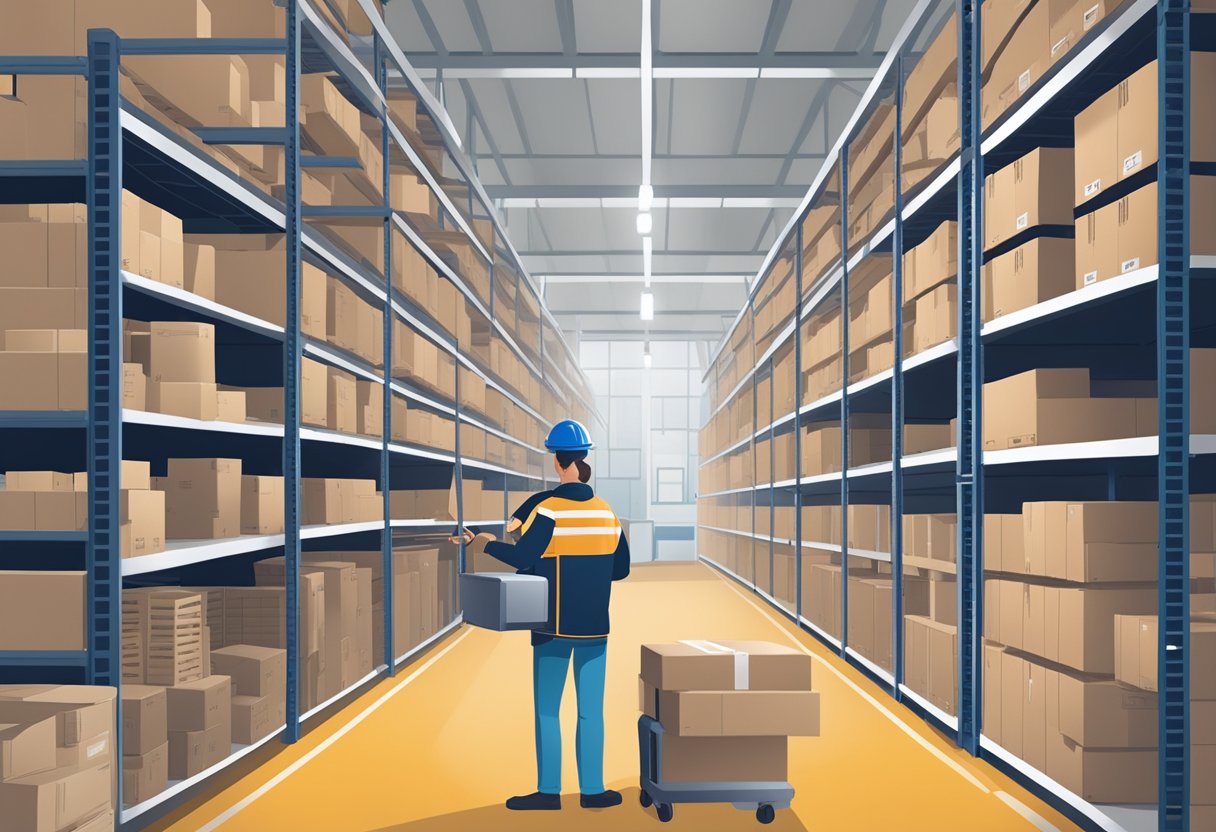 A warehouse with labeled shelves and inventory items being scanned by a handheld device for asset tracking and management
