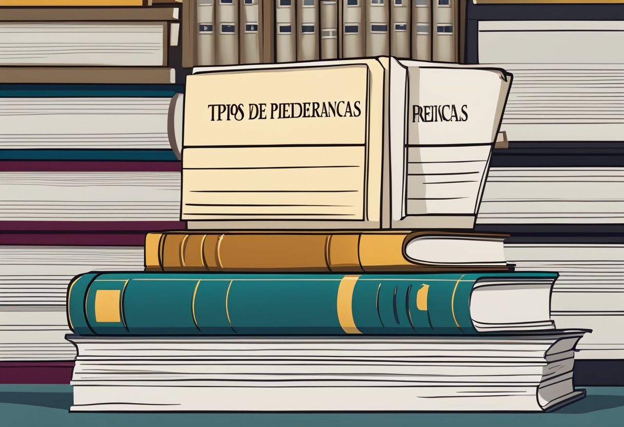 A stack of legal documents with "Tipos de Petições Previdenciárias Disponíveis" written on the top, surrounded by a computer and legal reference books