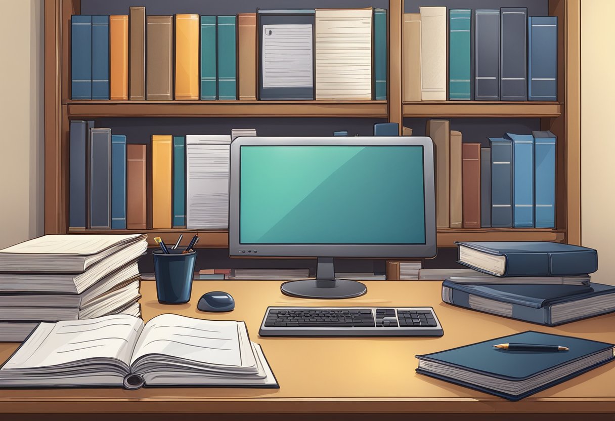 A desk with a computer, legal documents, and a pen. A lawyer's office with shelves of law books in the background