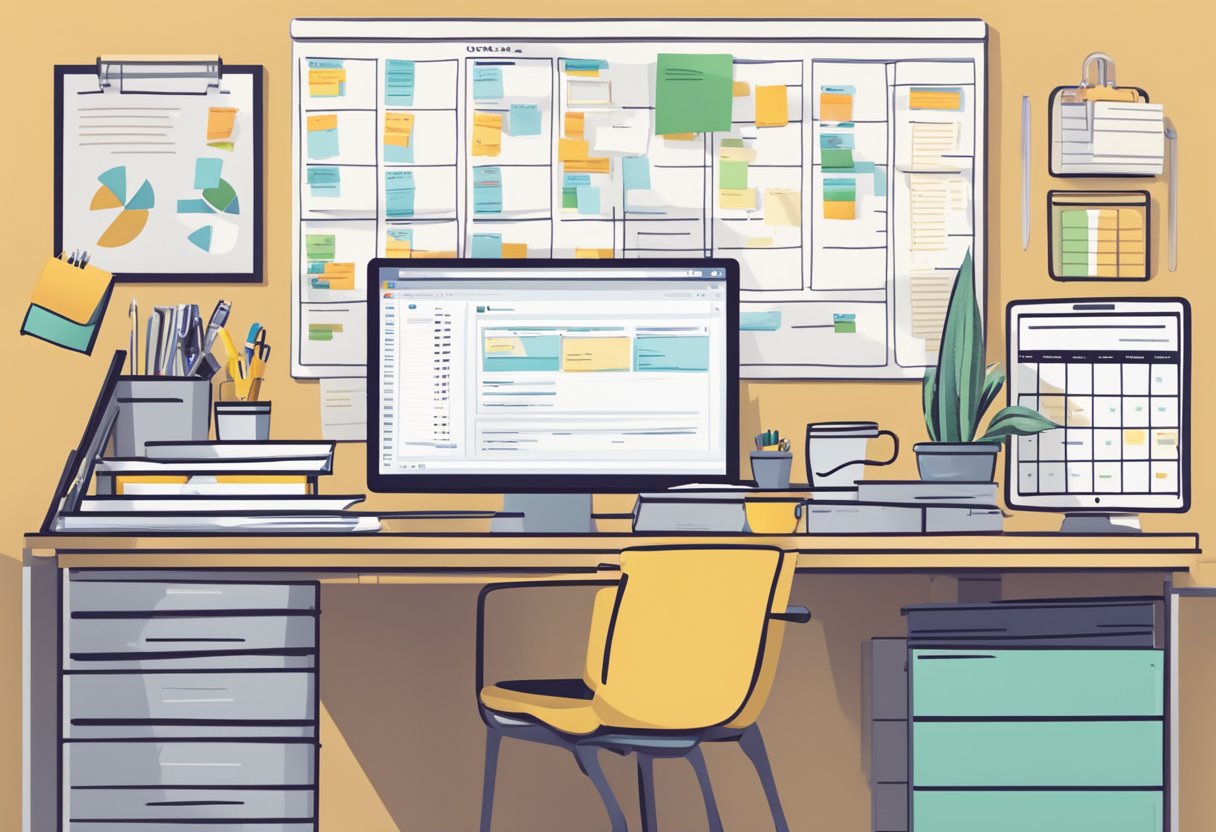 A desk with a computer displaying a list of "9 Best Fixed Asset Tracking and Inventory Management Software in 2024" surrounded by office supplies and a calendar on the wall