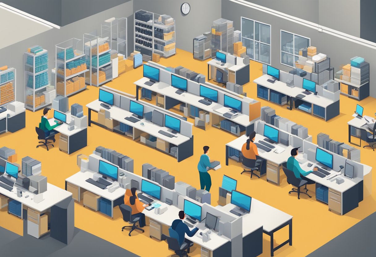 A modern office setting with shelves of inventory, computer screens displaying asset tracking software, and employees working on inventory management
