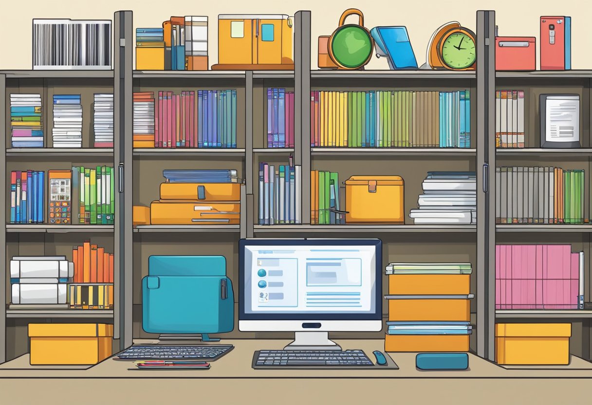 School supplies organized on shelves with barcode scanners, laptops, and tablets. Software interface displayed on a computer screen, tracking assets in real-time