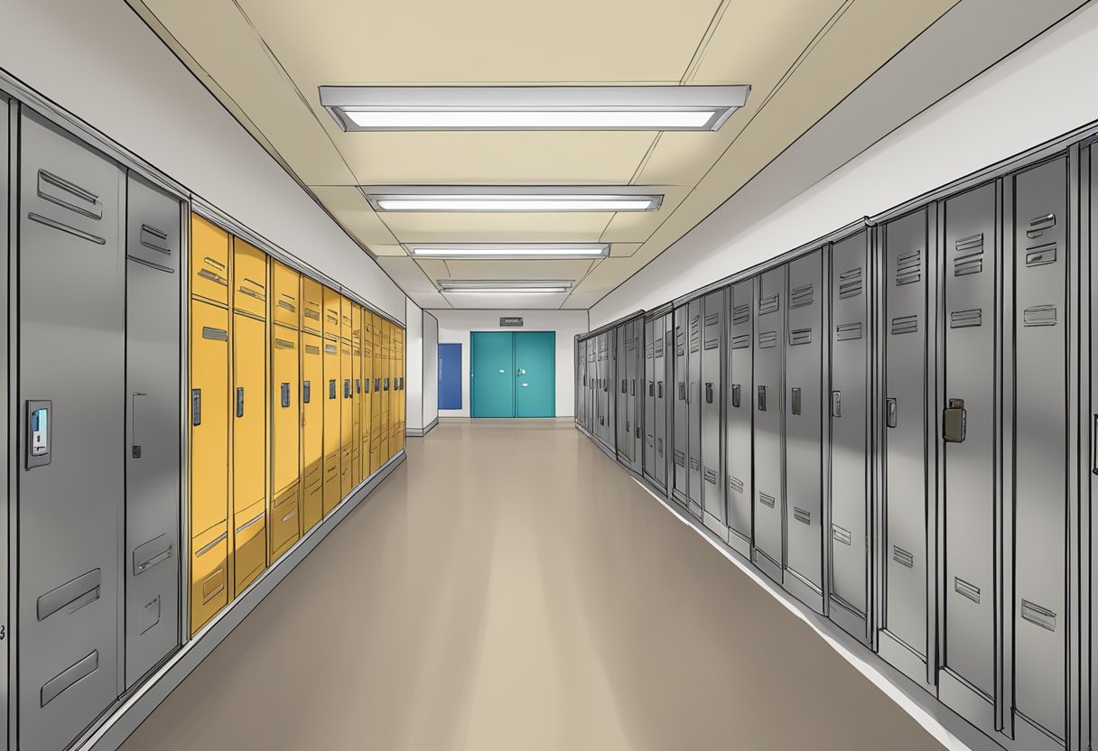 A school hallway with students' belongings labeled and tracked using asset tracking software. Lockers and shelves are organized with digital tags