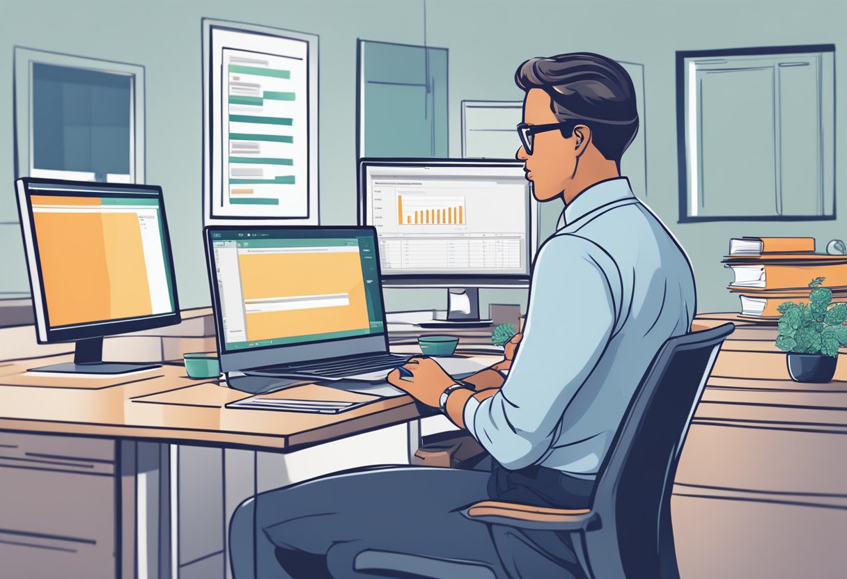 A school administrator inputs data into asset tracking software while reviewing budget reports and cost considerations