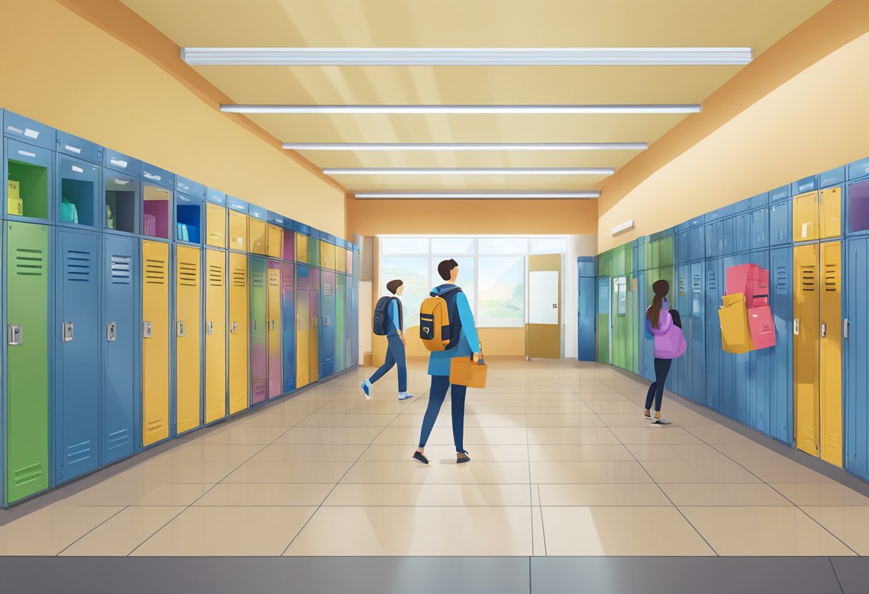 A school hallway with lockers and students' belongings labeled with asset tracking software logos