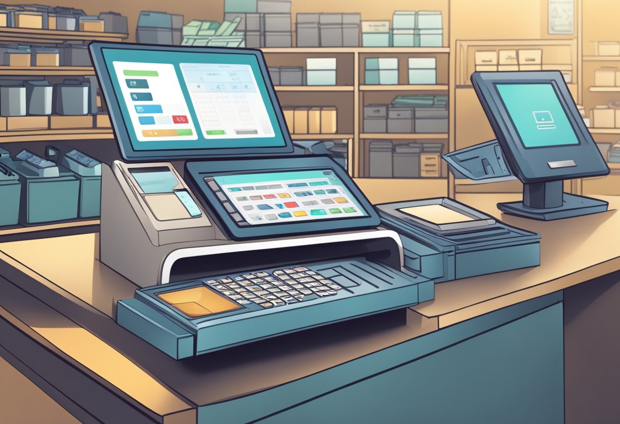 A POS system with a screen, cash drawer, and scanner. Items being scanned and total displayed on the screen. Customer making payment with a credit card