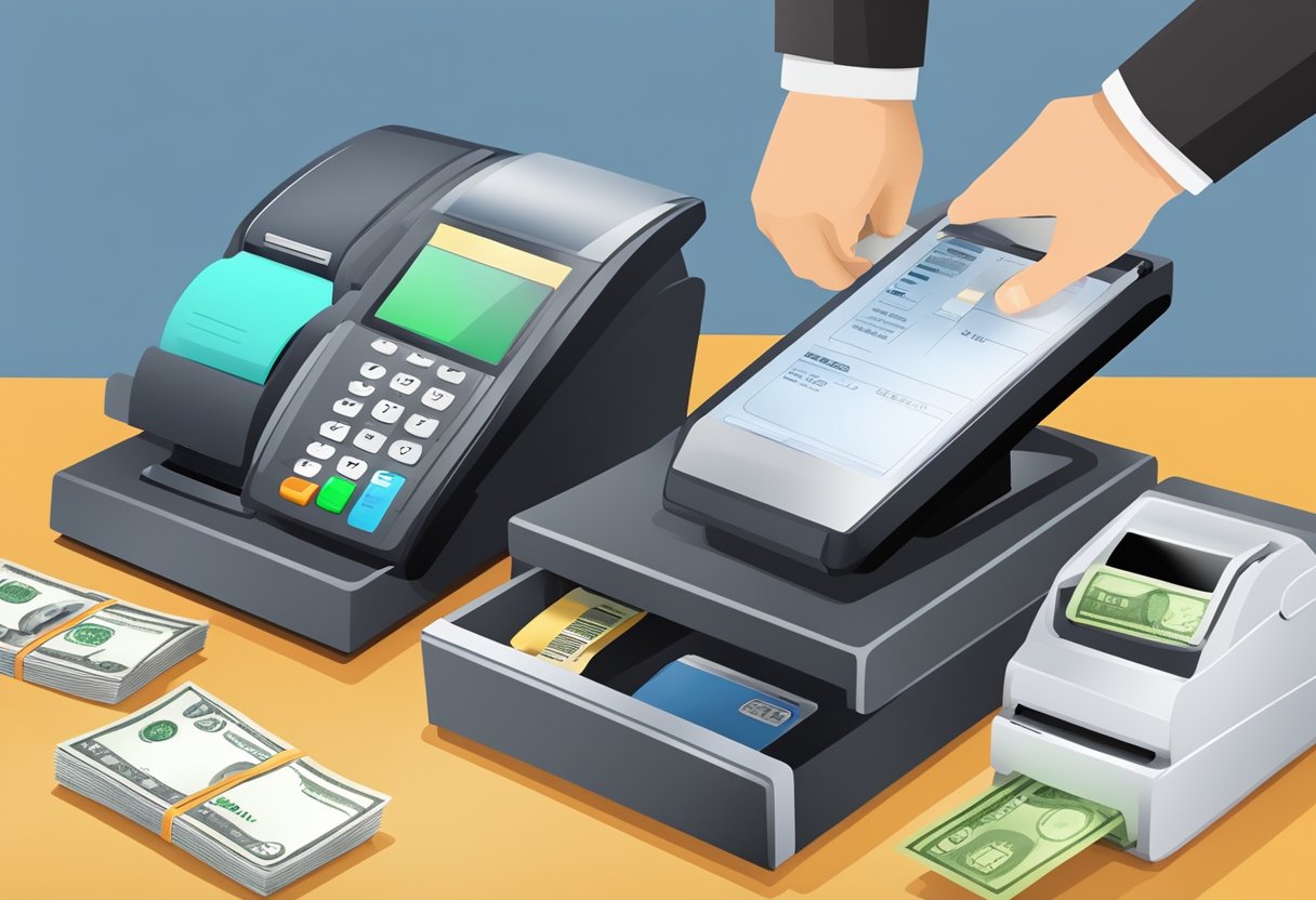 A POS system with a cash register, barcode scanner, and receipt printer, processing a transaction with a customer swiping a credit card