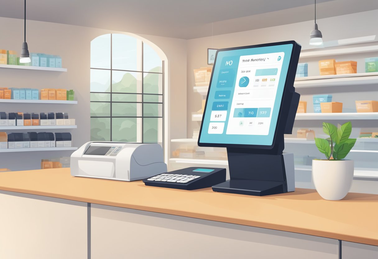 An empty countertop with a modern POS system displaying "No Monthly Fee" on the screen. Clean and simple design with minimalistic features