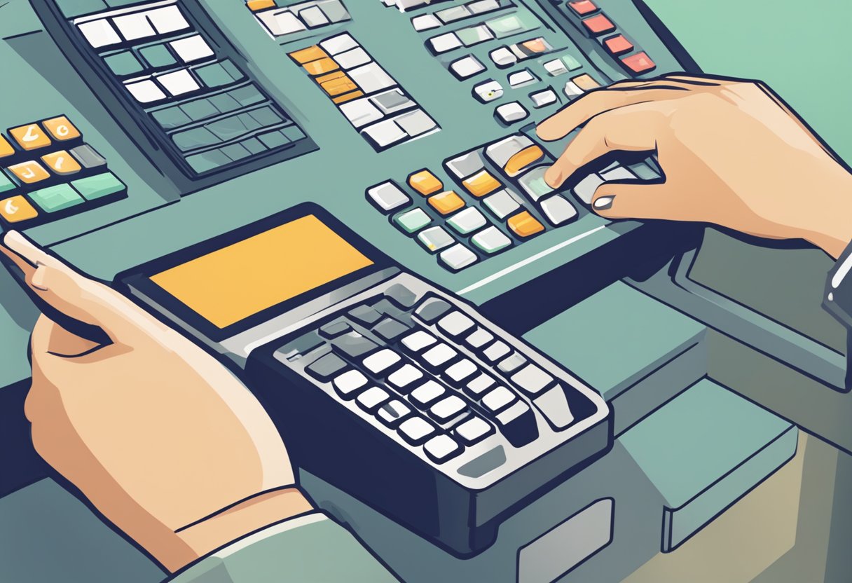 A hand reaching out to select a POS system with no monthly fee from a display of options