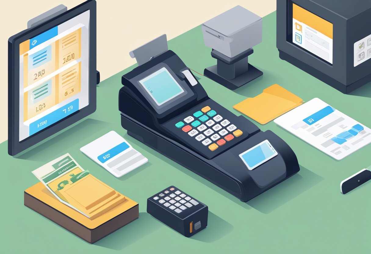 A POS system with no monthly fee, displaying a list of frequently asked questions on the screen, surrounded by a modern and sleek cash register and card reader