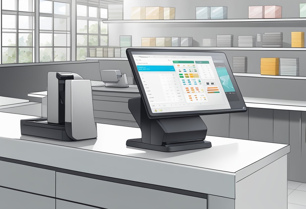 A POS system with a scanner is set on a clean, modern counter. The scanner is positioned next to the screen, ready for use