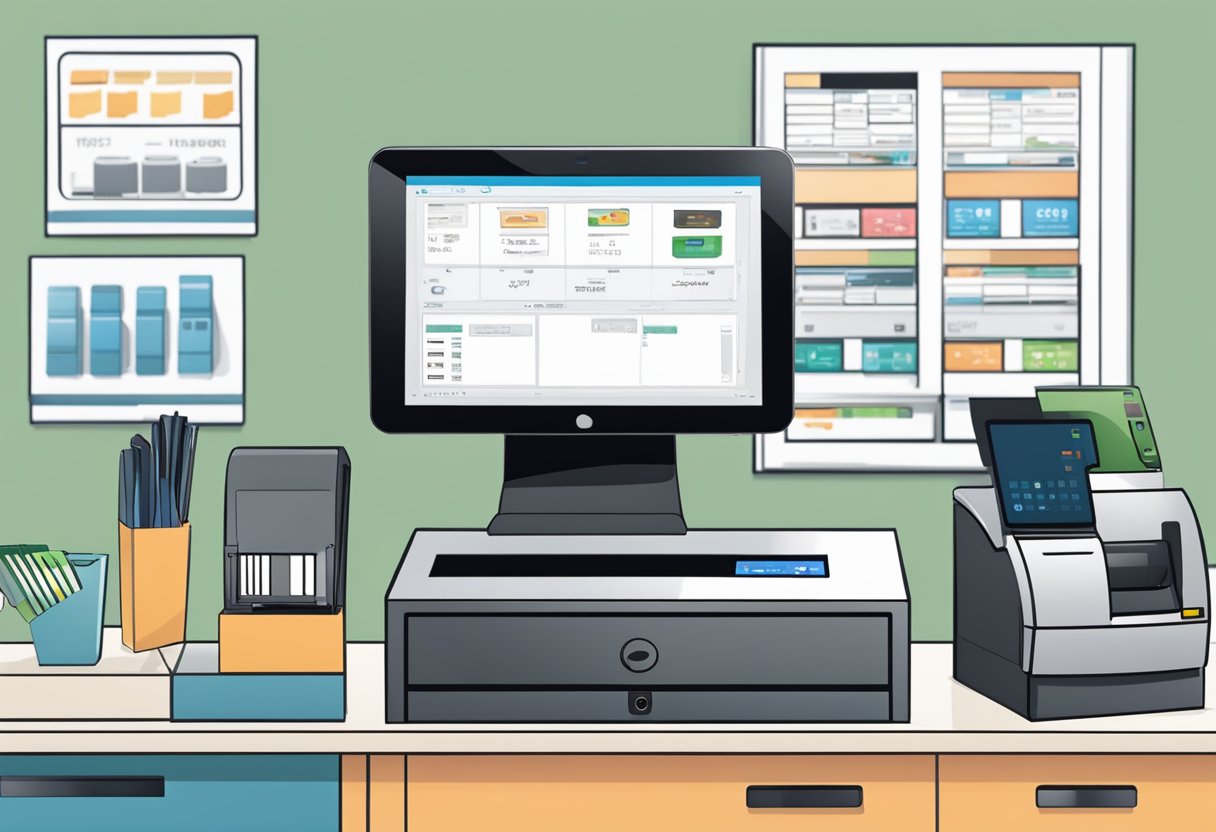 A POS system with a scanner sits on a counter, displaying a touch screen and a barcode scanner. The system is connected to a receipt printer and cash drawer