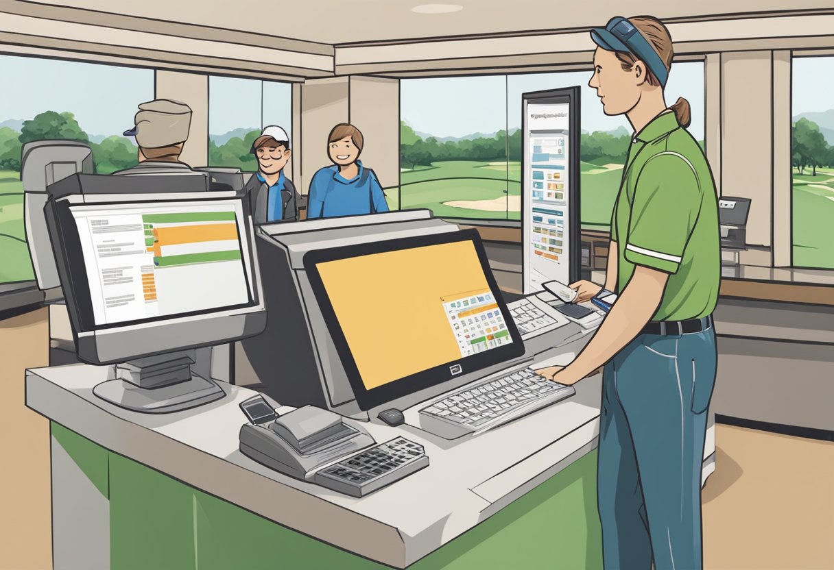 A golfer standing at the check-in counter of a golf course, discussing POS systems with the staff. The counter is cluttered with brochures and a computer screen displaying different POS options