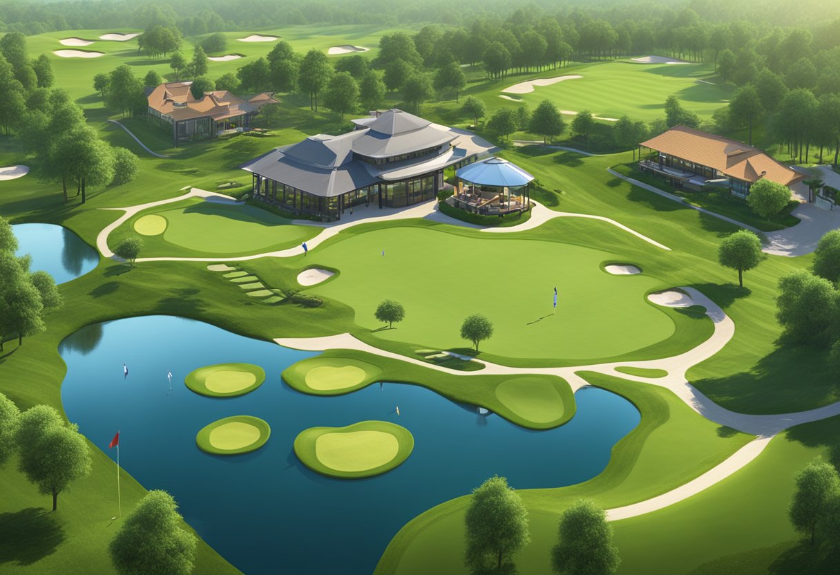 A golf course with 7 POS systems in use, surrounded by lush green fairways and manicured greens, with golfers and staff interacting seamlessly