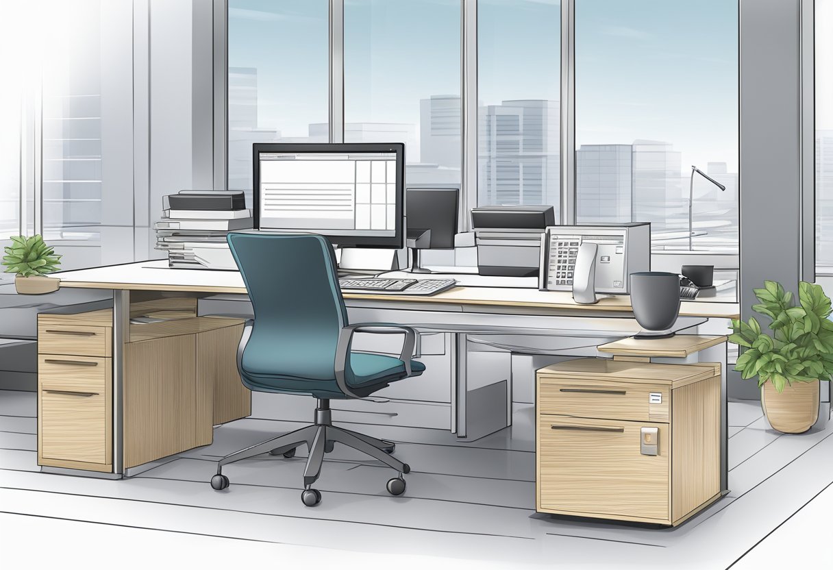 A modern office desk with a sleek business phone system, computer, and paperwork. The phone system includes multiple lines, voicemail, and conference call capabilities