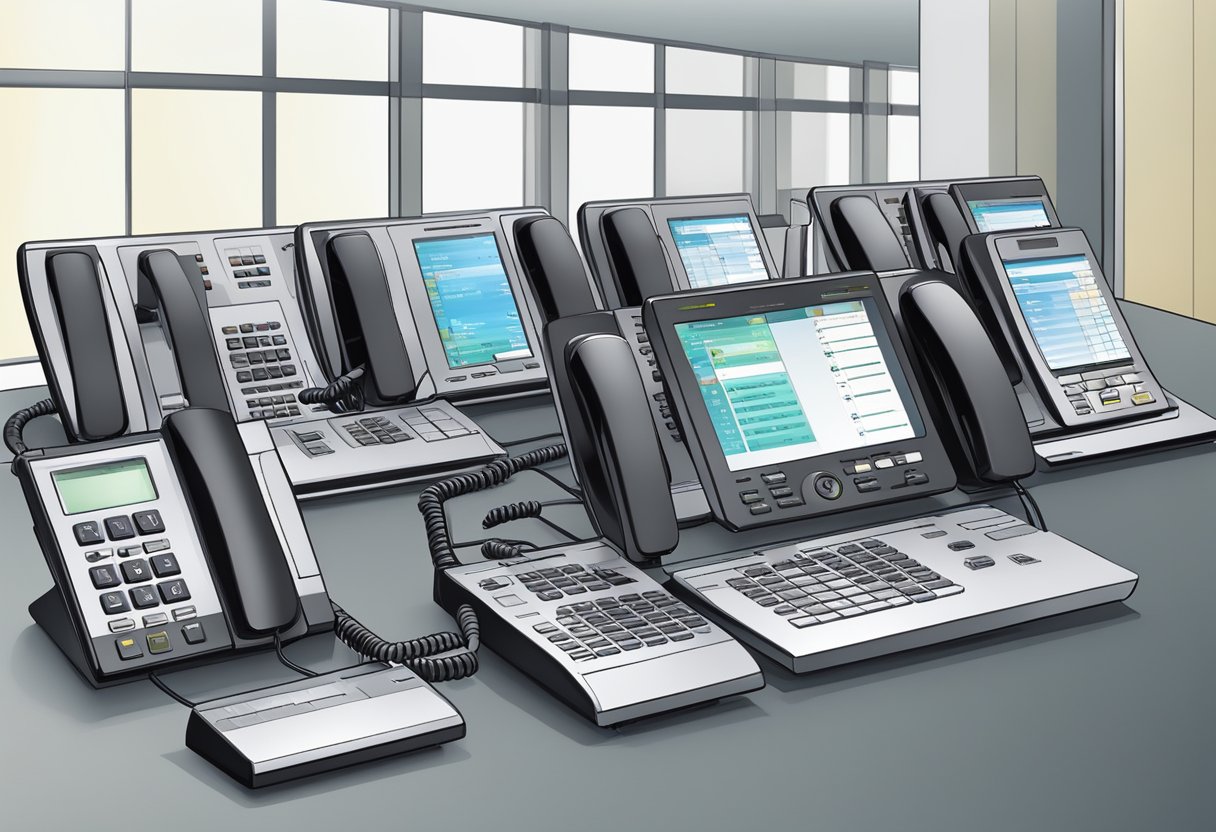 A modern business phone system with multiple lines, desk phones, and a central control unit, all connected via ethernet cables and a network switch
