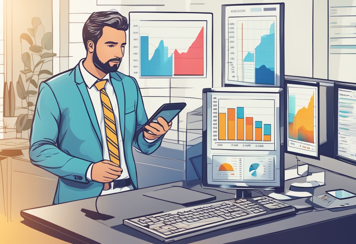 A businessman examines a chart comparing costs and ROI for a business phone system. Graphs and data are displayed on a computer screen