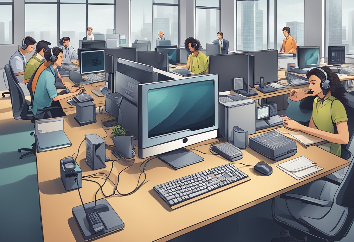 A desk with a modern phone system, computer, and headset, surrounded by a busy office setting with people working and communicating