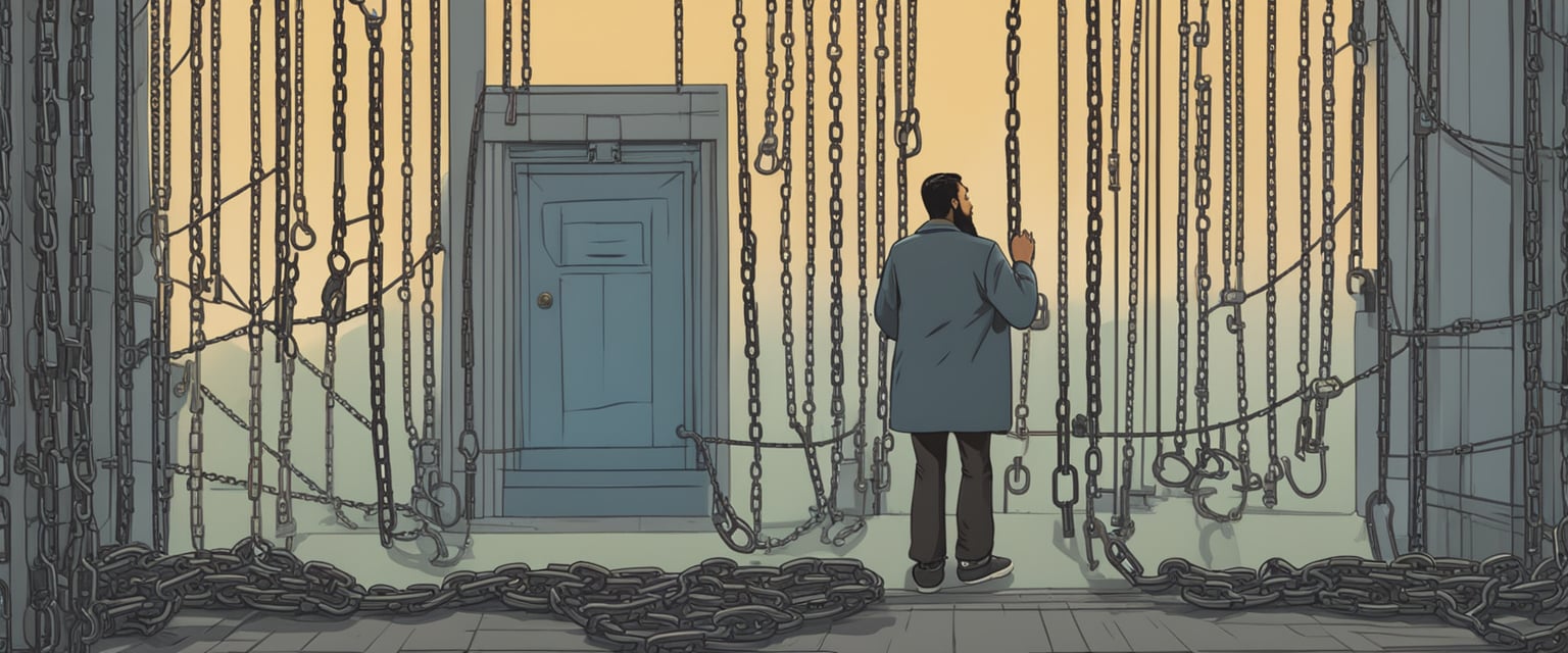 A large, looming wall with the word "abundance" blocked by chains and locks. A person stands in front, looking frustrated and defeated