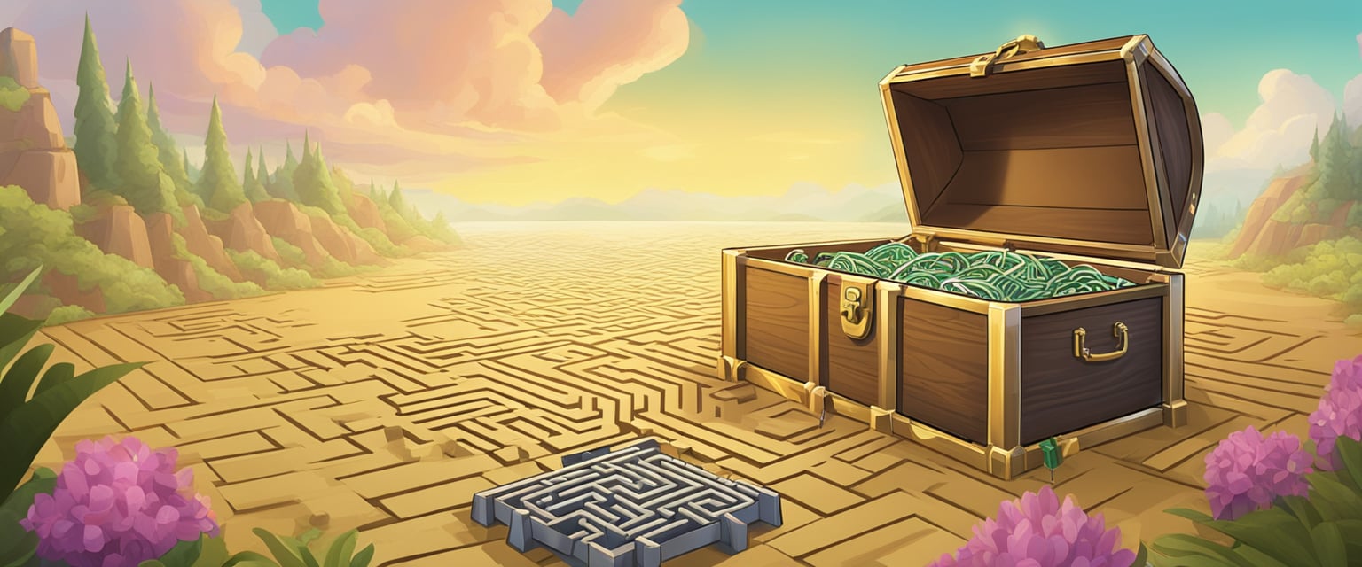 A maze of barriers surrounds a treasure chest. Keys hover nearby, waiting to unlock it